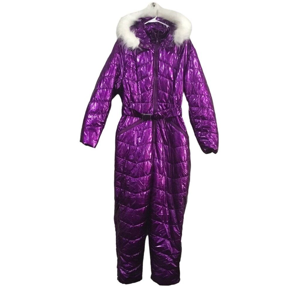 Purple Metallic Belted One Piece Snowsuit White Fur Removable Hood Ski Suit XXL
